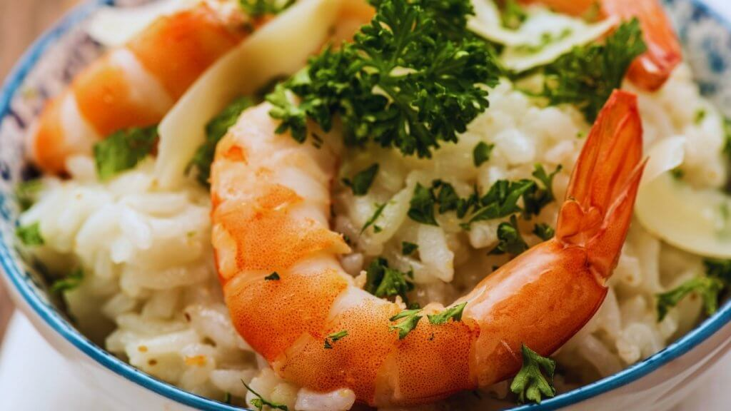 Risoto de palmito com creme de camarão e Catupiry