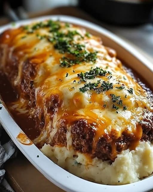 Bolo de Carne Clássico com Purê de Batatas e Queijo Derretido